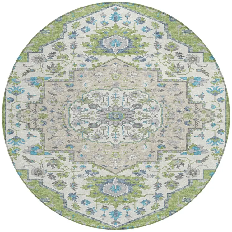 8' Artichoke Green Blue And Ivory Round Oriental Washable Indoor Outdoor Area Rug