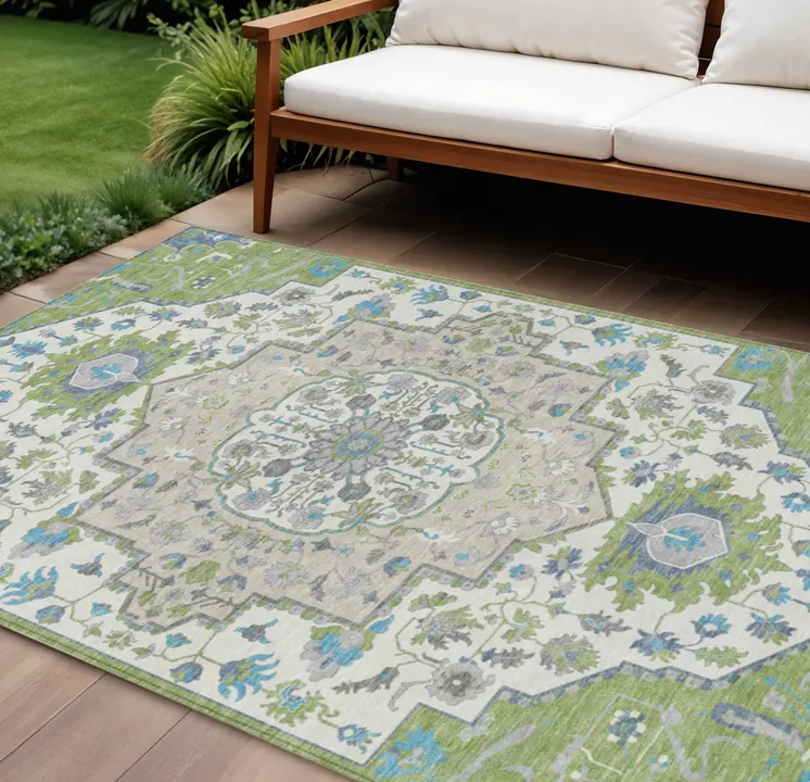 8' X 10' Artichoke Green Blue And Ivory Oriental Washable Indoor Outdoor Area Rug