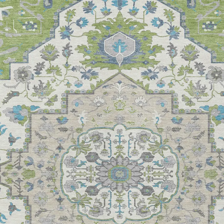 8' X 10' Artichoke Green Blue And Ivory Oriental Washable Indoor Outdoor Area Rug