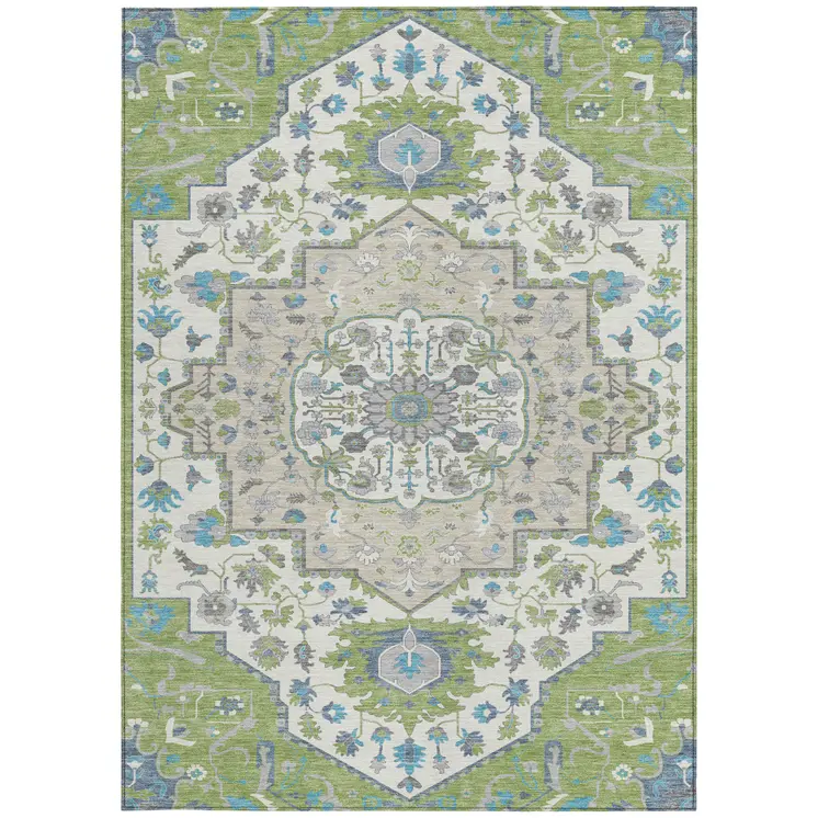 9' X 12' Artichoke Green Blue And Ivory Oriental Washable Indoor Outdoor Area Rug