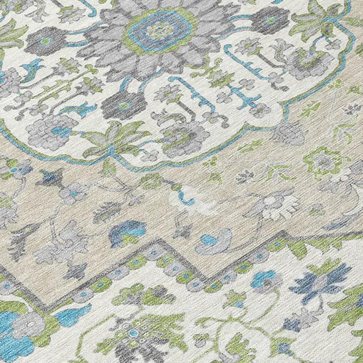 9' X 12' Artichoke Green Blue And Ivory Oriental Washable Indoor Outdoor Area Rug