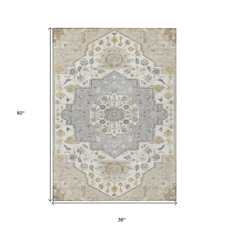 3' X 5' Beige Ivory And Gray Oriental Washable Indoor Outdoor Area Rug