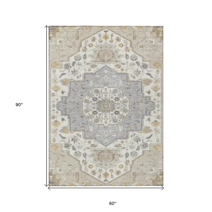 5' X 8' Beige Ivory And Gray Oriental Washable Indoor Outdoor Area Rug