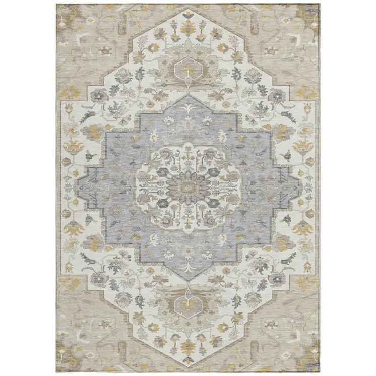 5' X 8' Beige Ivory And Gray Oriental Washable Indoor Outdoor Area Rug