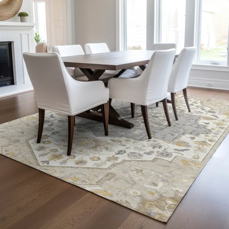 5' X 8' Beige Ivory And Gray Oriental Washable Indoor Outdoor Area Rug