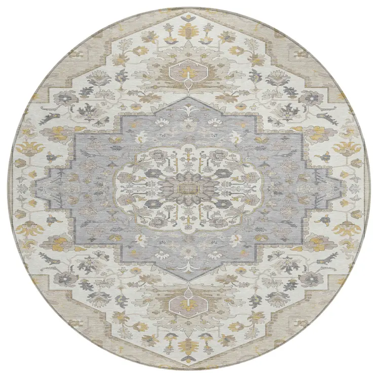 8' Beige Ivory And Gray Round Oriental Washable Indoor Outdoor Area Rug