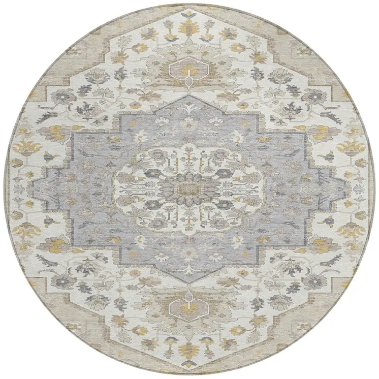8' Beige Ivory And Gray Round Oriental Washable Indoor Outdoor Area Rug