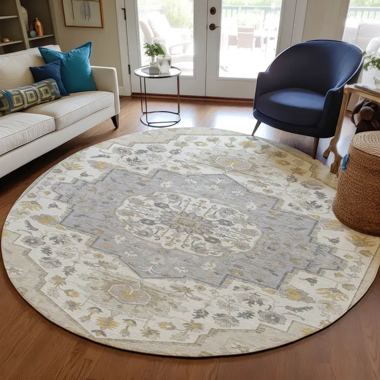 8' Beige Ivory And Gray Round Oriental Washable Indoor Outdoor Area Rug