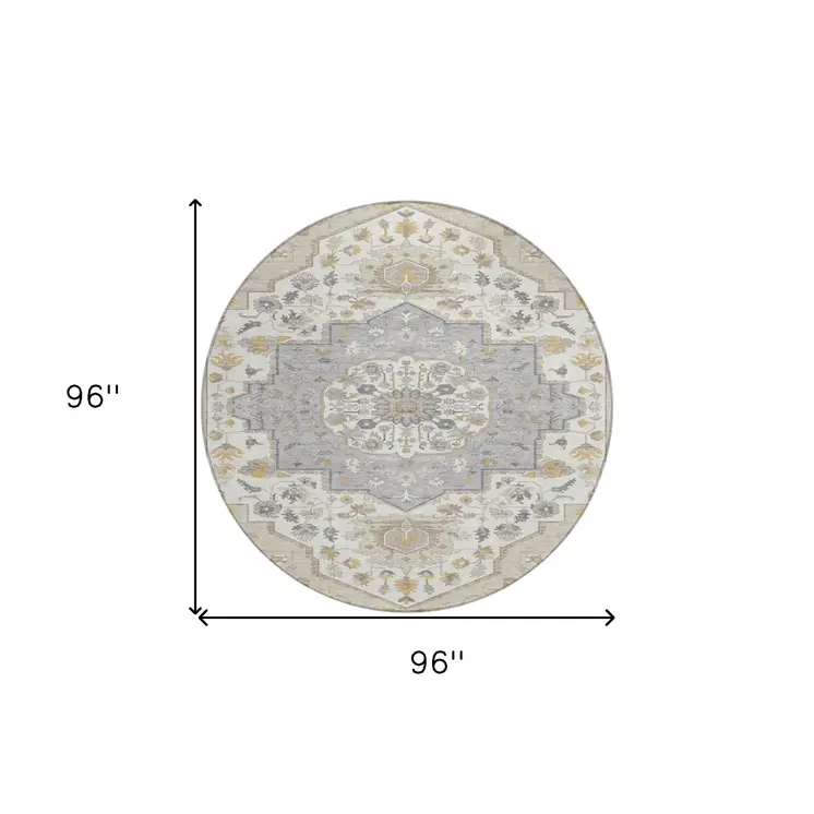 8' Beige Ivory And Gray Round Oriental Washable Indoor Outdoor Area Rug