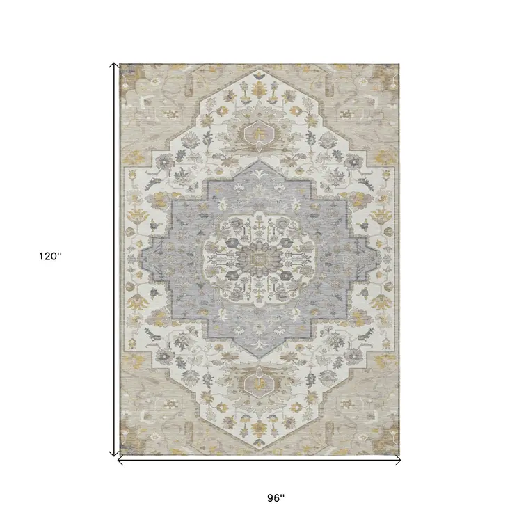 8' X 10' Beige Ivory And Gray Oriental Washable Indoor Outdoor Area Rug