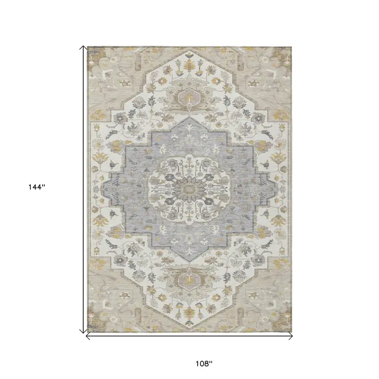 9' X 12' Beige Ivory And Gray Oriental Washable Indoor Outdoor Area Rug