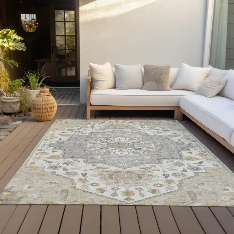 10' X 14' Beige Ivory And Gray Oriental Washable Indoor Outdoor Area Rug