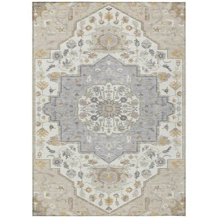 10' X 14' Beige Ivory And Gray Oriental Washable Indoor Outdoor Area Rug