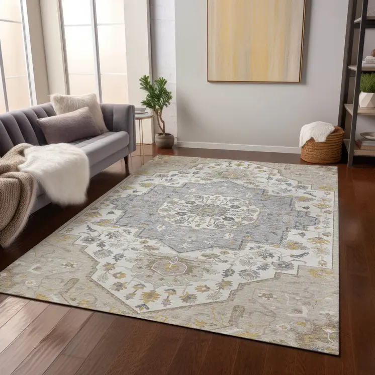 10' X 14' Beige Ivory And Gray Oriental Washable Indoor Outdoor Area Rug