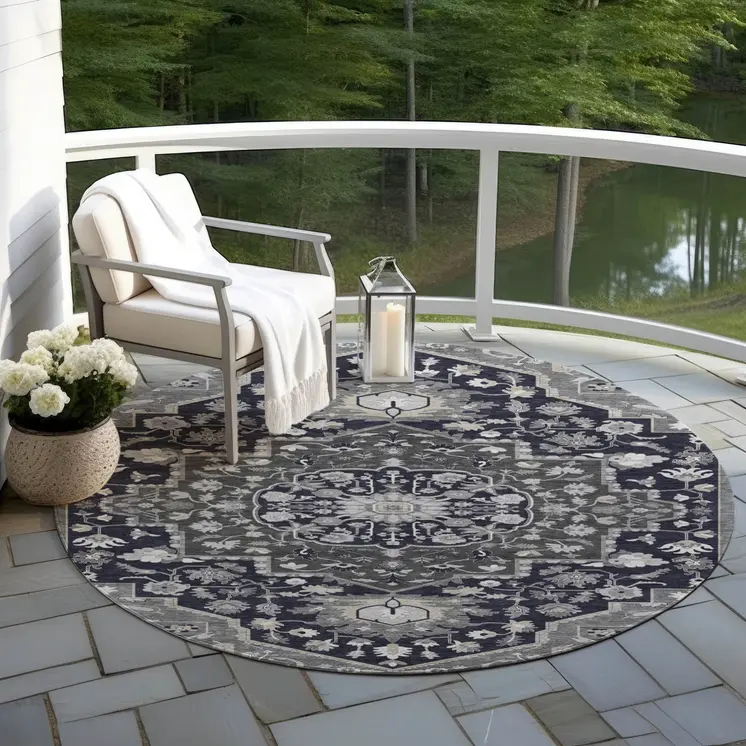 8' Black Gray And Beige Round Oriental Washable Indoor Outdoor Area Rug