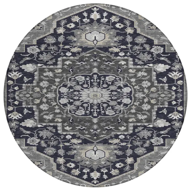 8' Black Gray And Beige Round Oriental Washable Indoor Outdoor Area Rug