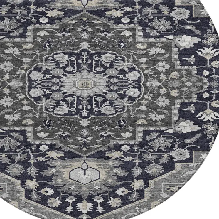 8' Black Gray And Beige Round Oriental Washable Indoor Outdoor Area Rug