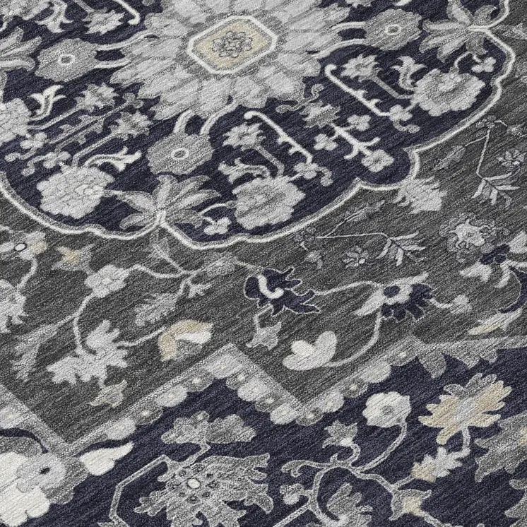 8' Black Gray And Beige Round Oriental Washable Indoor Outdoor Area Rug