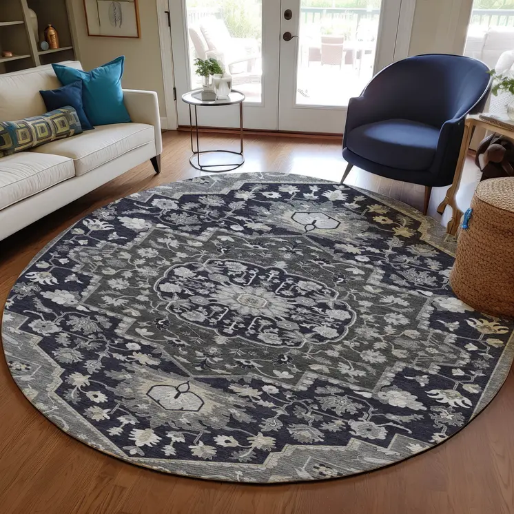 8' Black Gray And Beige Round Oriental Washable Indoor Outdoor Area Rug