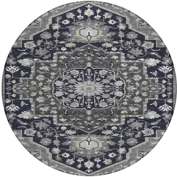 8' Black Gray And Beige Round Oriental Washable Indoor Outdoor Area Rug