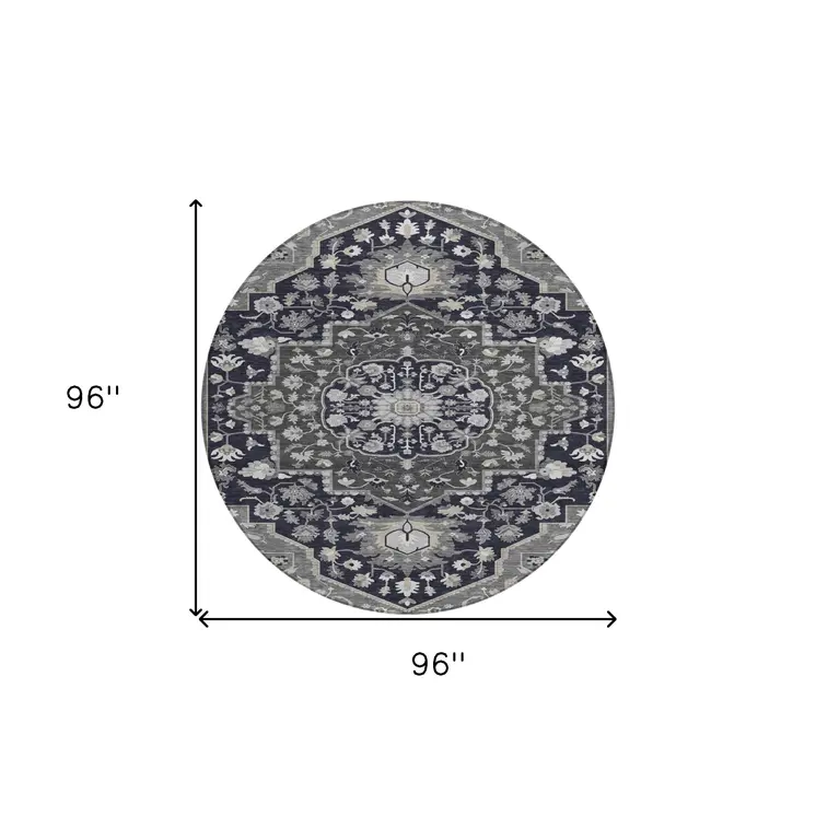 8' Black Gray And Beige Round Oriental Washable Indoor Outdoor Area Rug