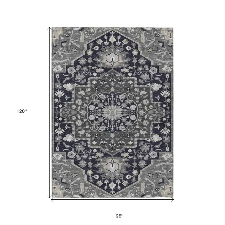8' X 10' Black Gray And Beige Oriental Washable Indoor Outdoor Area Rug
