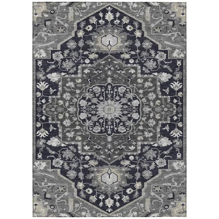 8' X 10' Black Gray And Beige Oriental Washable Indoor Outdoor Area Rug
