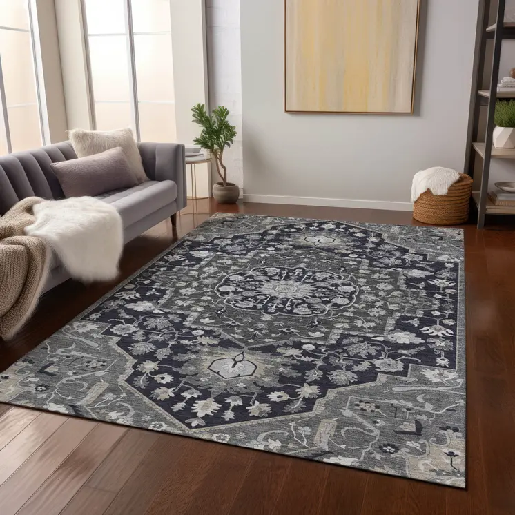 8' X 10' Black Gray And Beige Oriental Washable Indoor Outdoor Area Rug