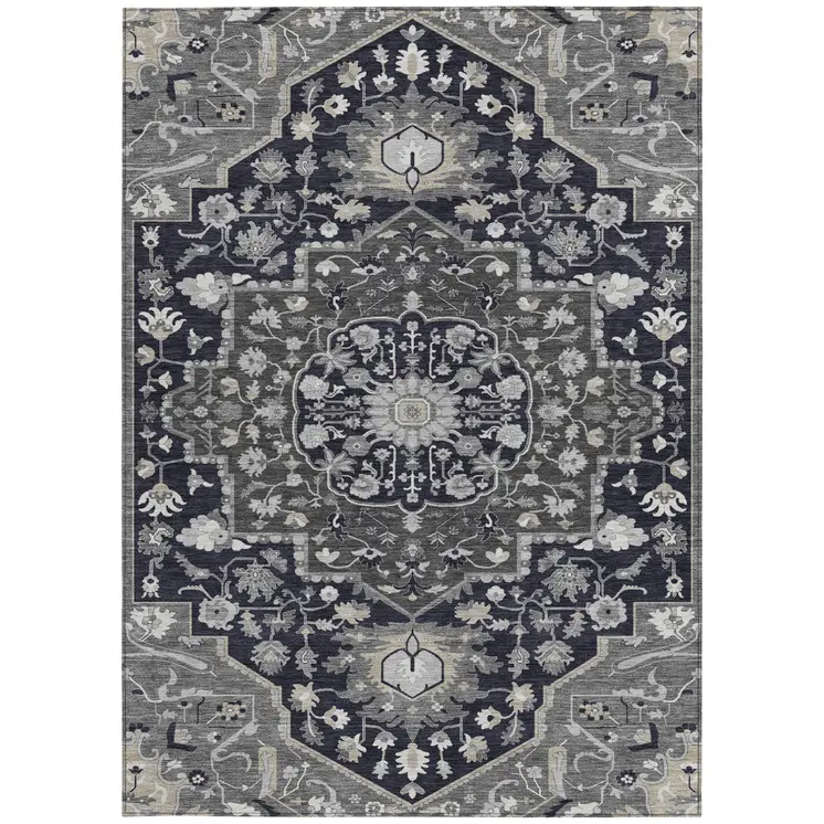 10' X 14' Black Gray And Beige Oriental Washable Indoor Outdoor Area Rug