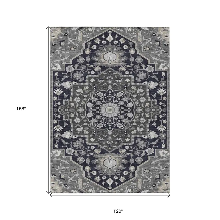 10' X 14' Black Gray And Beige Oriental Washable Indoor Outdoor Area Rug