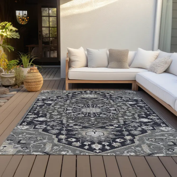 10' X 14' Black Gray And Beige Oriental Washable Indoor Outdoor Area Rug