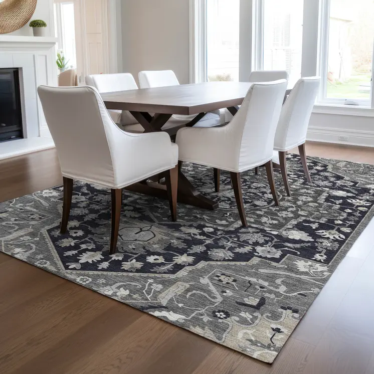 10' X 14' Black Gray And Beige Oriental Washable Indoor Outdoor Area Rug