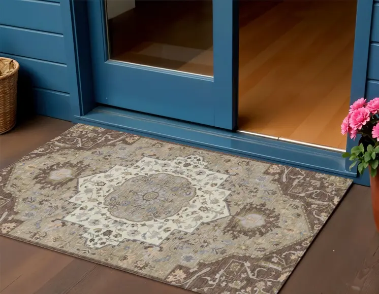 3' X 5' Chocolate Beige And Gray Oriental Washable Indoor Outdoor Area Rug