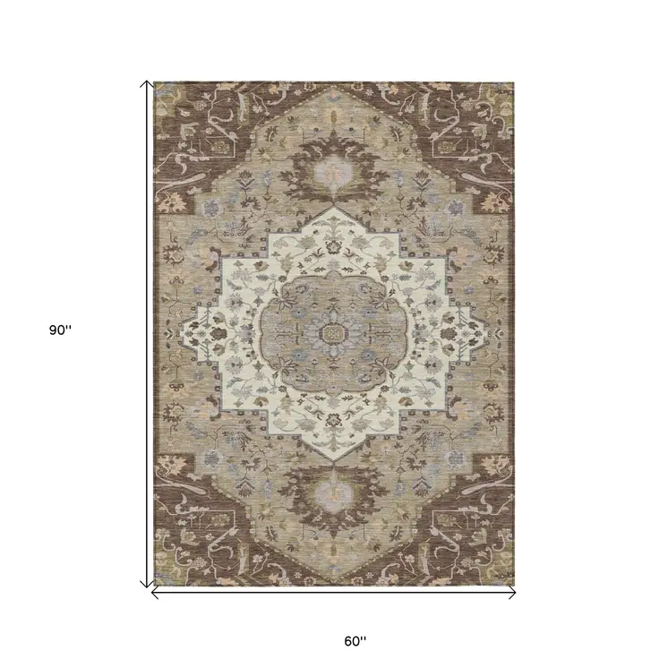 5' X 8' Chocolate Beige And Gray Oriental Washable Indoor Outdoor Area Rug