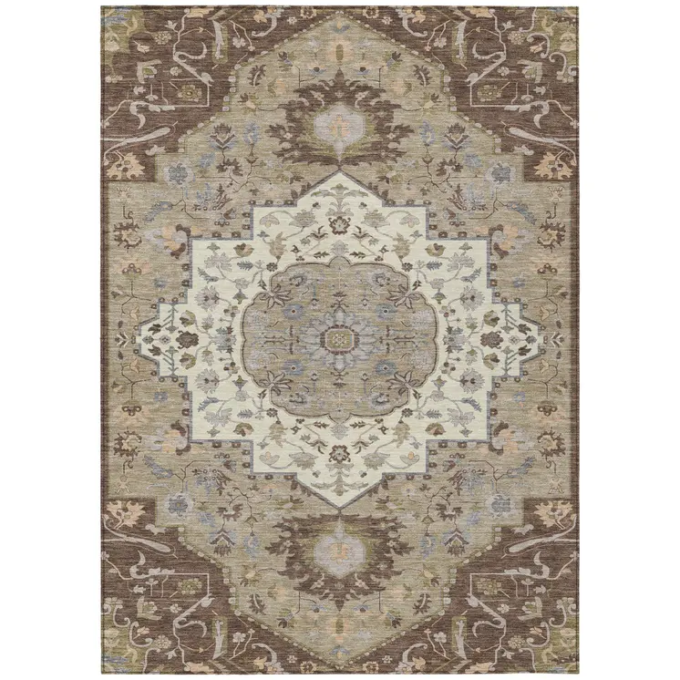 5' X 8' Chocolate Beige And Gray Oriental Washable Indoor Outdoor Area Rug