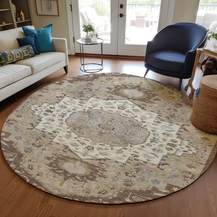 8' Chocolate Beige And Gray Round Oriental Washable Indoor Outdoor Area Rug