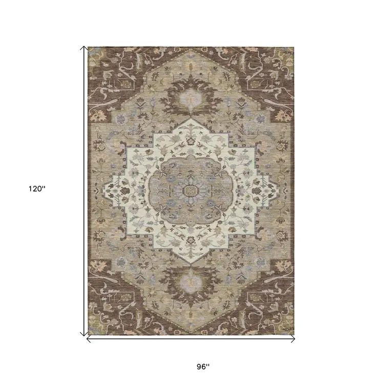 8' X 10' Chocolate Beige And Gray Oriental Washable Indoor Outdoor Area Rug