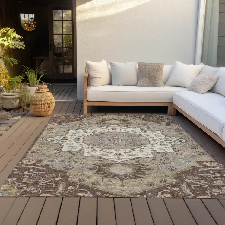 8' X 10' Chocolate Beige And Gray Oriental Washable Indoor Outdoor Area Rug