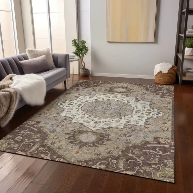 8' X 10' Chocolate Beige And Gray Oriental Washable Indoor Outdoor Area Rug