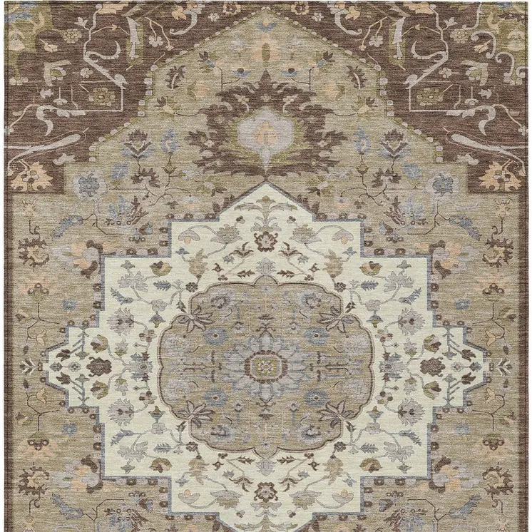 9' X 12' Chocolate Beige And Gray Oriental Washable Indoor Outdoor Area Rug