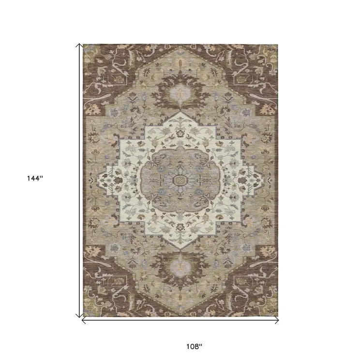 9' X 12' Chocolate Beige And Gray Oriental Washable Indoor Outdoor Area Rug