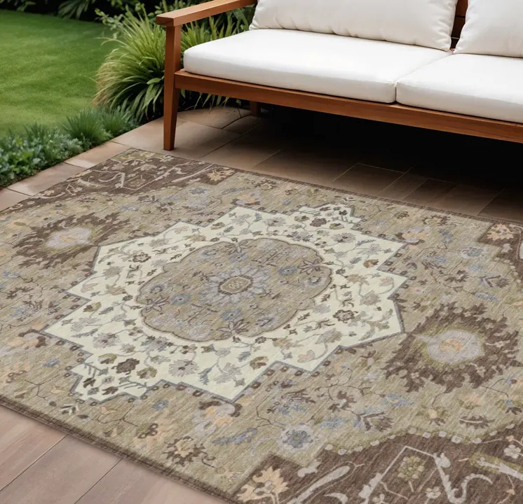 10' X 14' Chocolate Beige And Gray Oriental Washable Indoor Outdoor Area Rug
