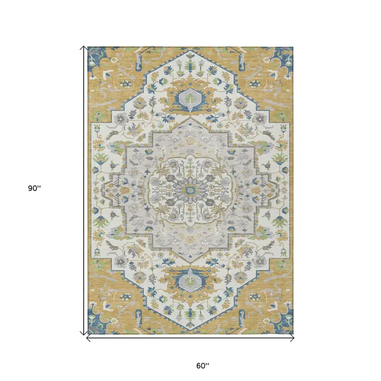 5' X 8' Gold Ivory And Blue Oriental Washable Indoor Outdoor Area Rug