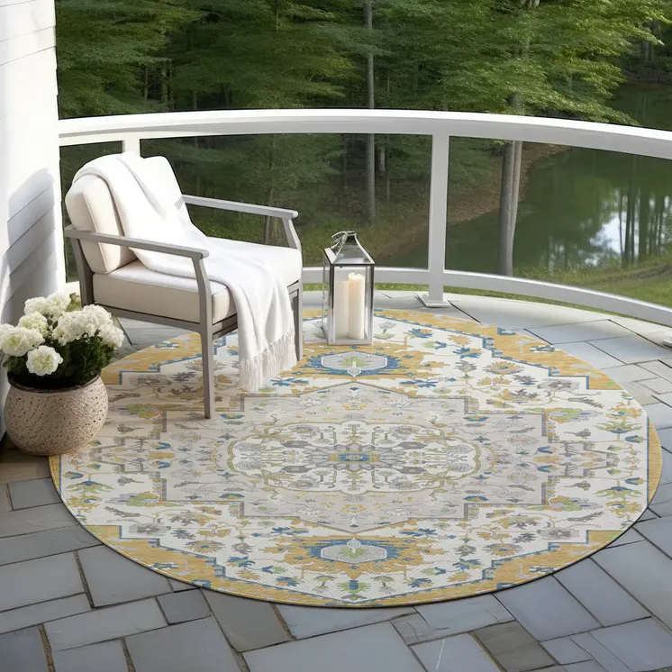8' Gold Ivory And Blue Round Oriental Washable Indoor Outdoor Area Rug
