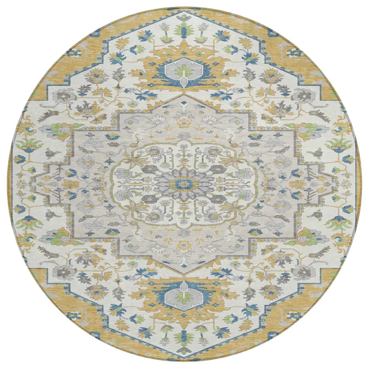 8' Gold Ivory And Blue Round Oriental Washable Indoor Outdoor Area Rug