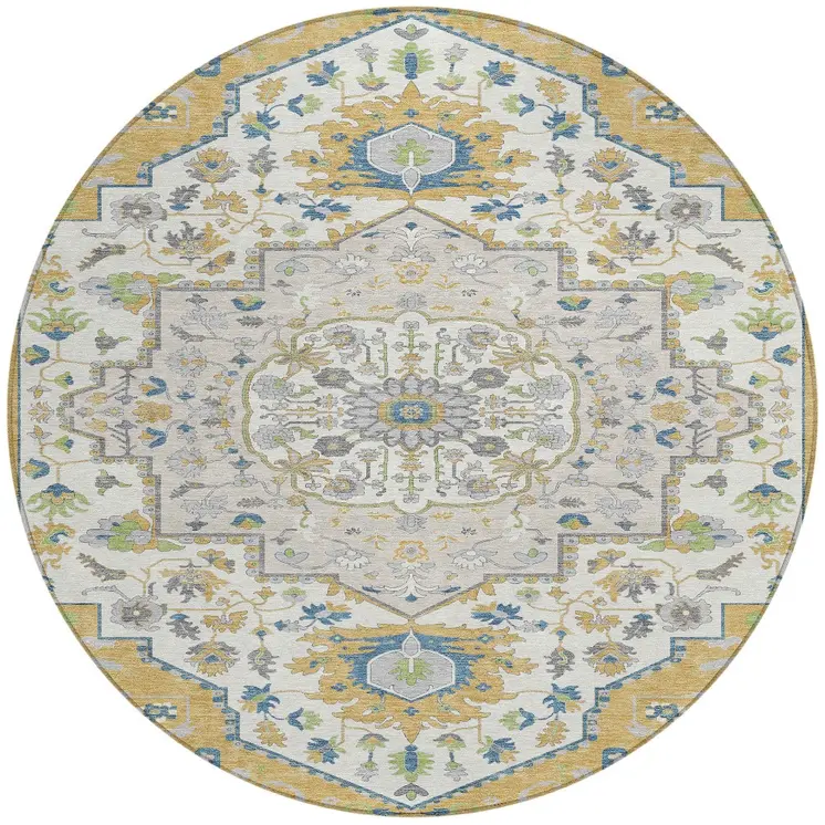8' Gold Ivory And Blue Round Oriental Washable Indoor Outdoor Area Rug