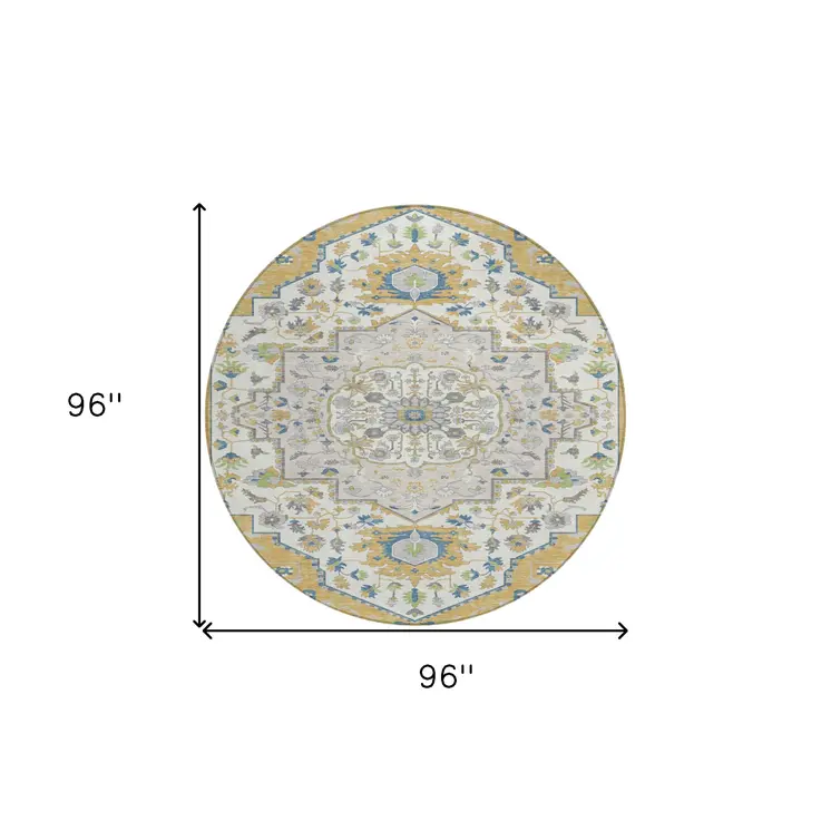 8' Gold Ivory And Blue Round Oriental Washable Indoor Outdoor Area Rug