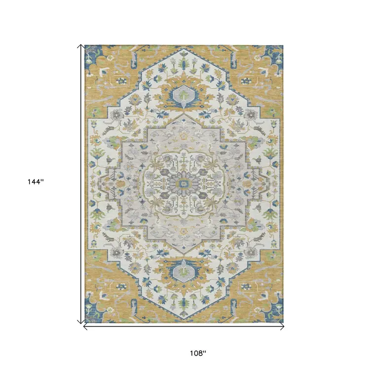 9' X 12' Gold Ivory And Blue Oriental Washable Indoor Outdoor Area Rug