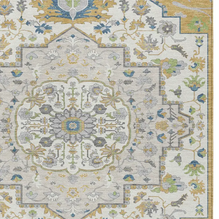 9' X 12' Gold Ivory And Blue Oriental Washable Indoor Outdoor Area Rug