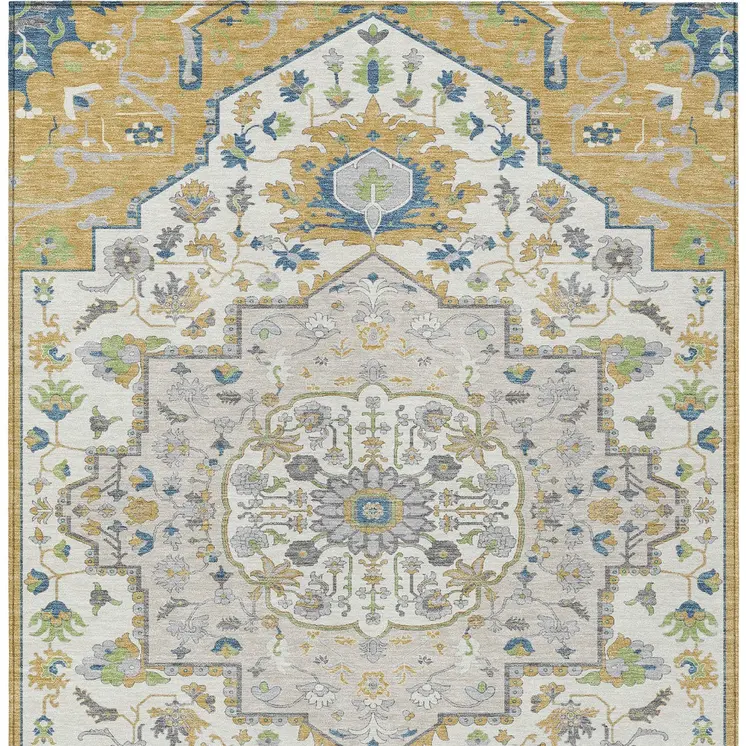 10' X 14' Gold Ivory And Blue Oriental Washable Indoor Outdoor Area Rug